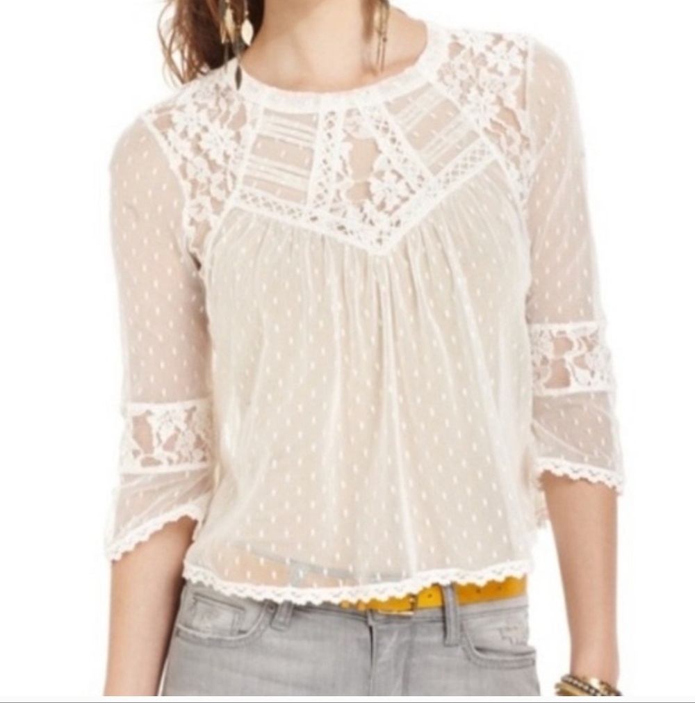 Free People Ivory Sheer Lace Swiss Dot Top Boho S